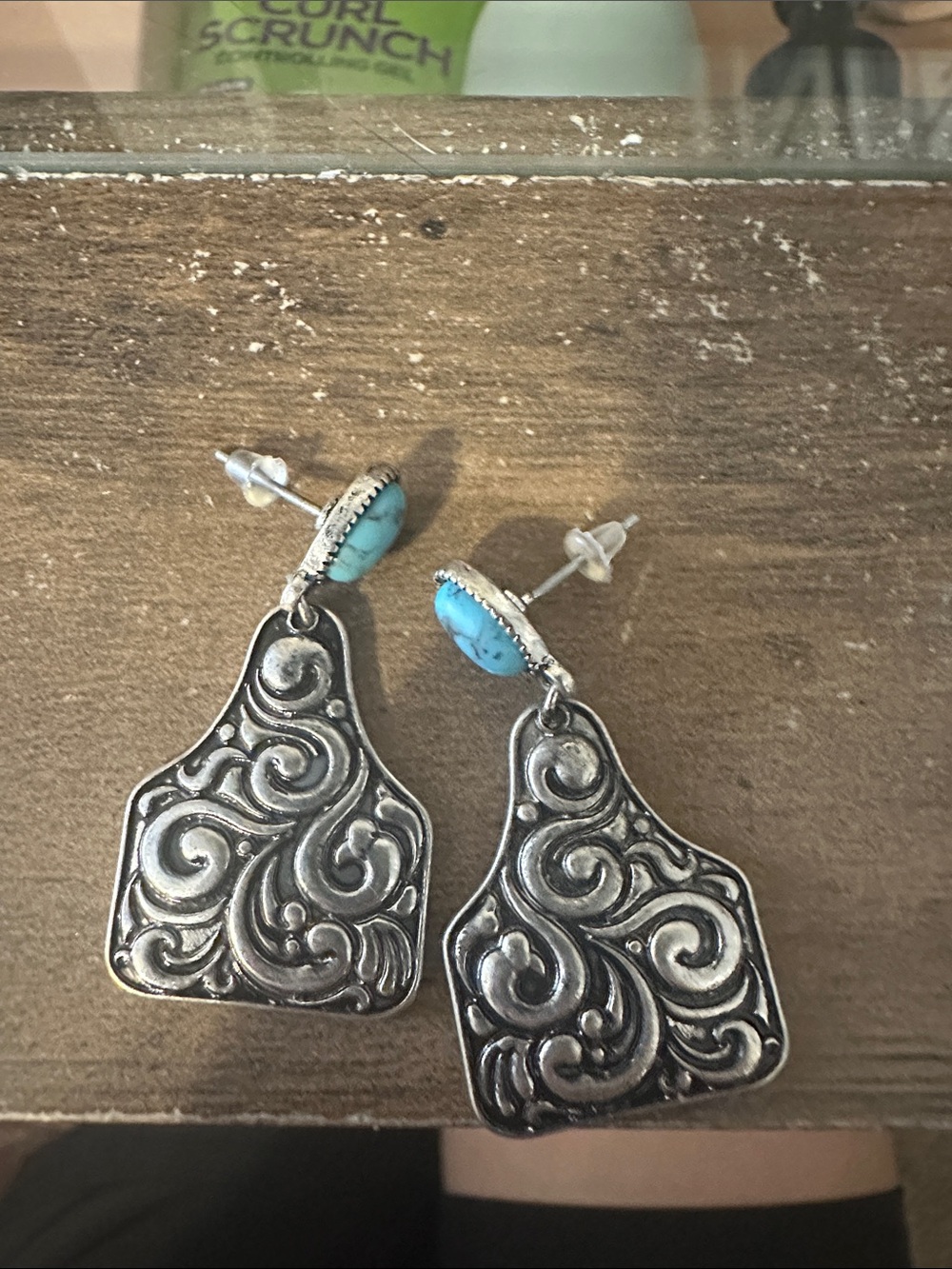 Turquoise Accent Silver-Tone Filigree Drop Earrings